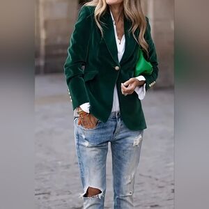Velvet Lapel Collar Blazer in Green